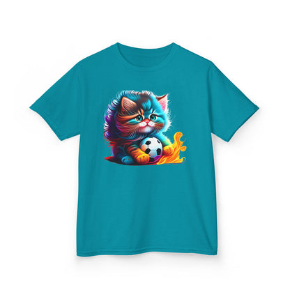 Cute Cat Soccer Kids Tee - Colorful Heavy Cotton Shirt for Young Sports Fans