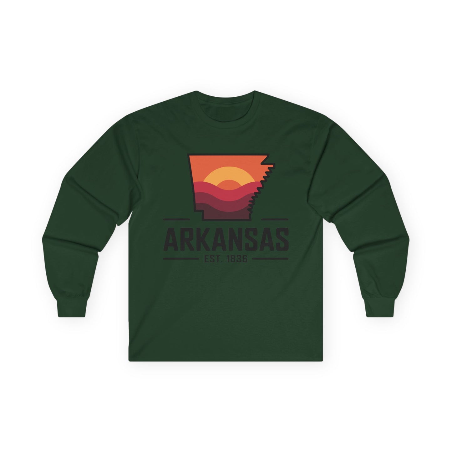 Arkansas Sunset State Long Sleeve Tee — EST. 1836 Retro Graphic