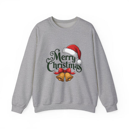 Christmas Crewneck Sweatshirt - "Merry Christmas" Santa Hat & Bells Holiday Sweater