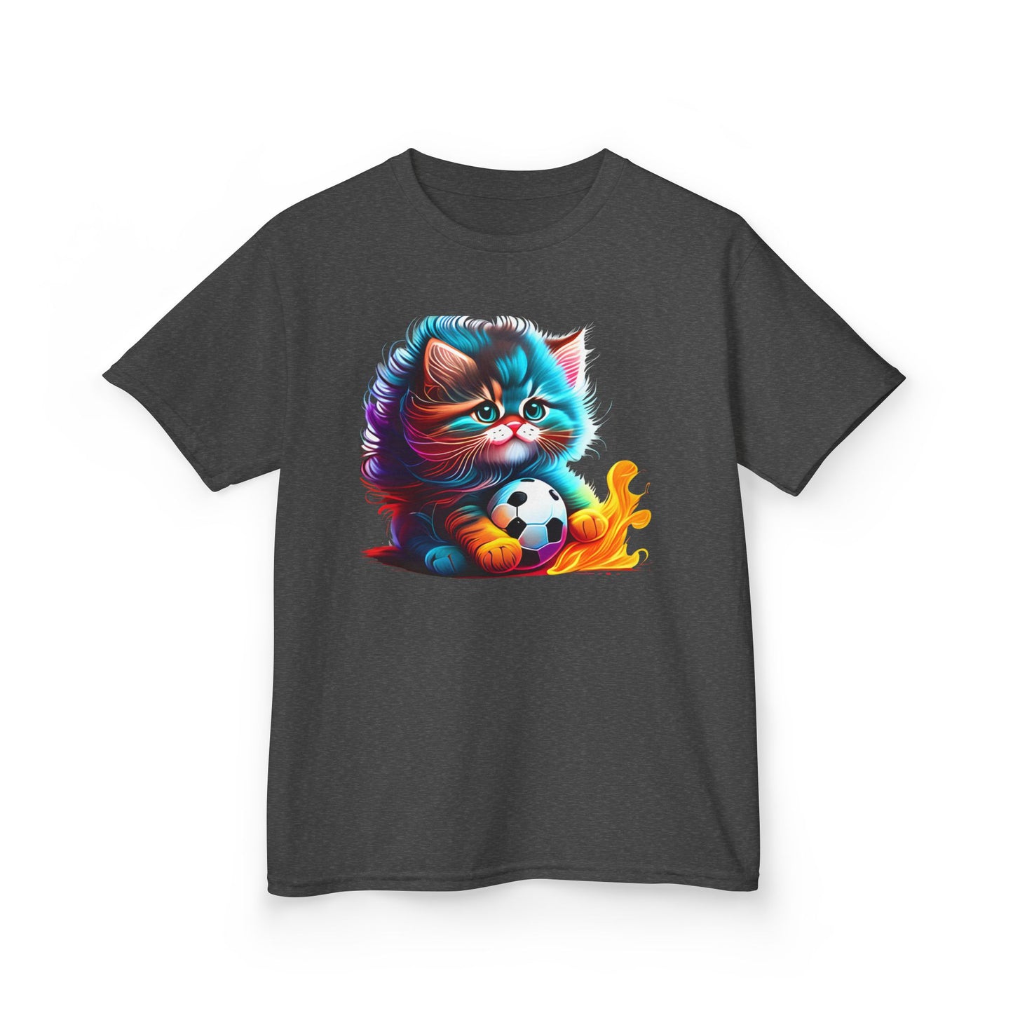 Cute Cat Soccer Kids Tee - Colorful Heavy Cotton Shirt for Young Sports Fans