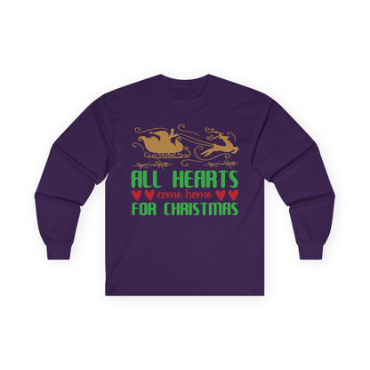 All Hearts Come Home Unisex Long Sleeve Tee, Cozy Holiday Shirt, Christmas Gift, Family Gathering Apparel, Winter Fashion