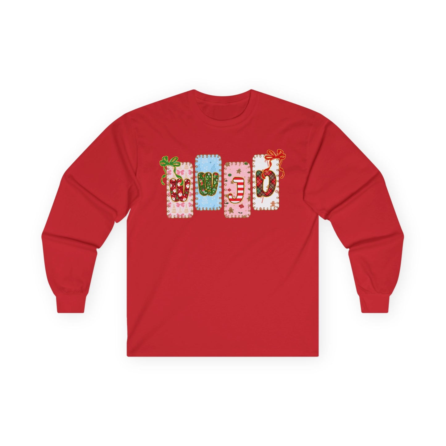 Long Sleeve Tee — Festive Gift Tag Graphic (Holidays, Christmas)