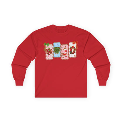 Long Sleeve Tee — Festive Gift Tag Graphic (Holidays, Christmas)