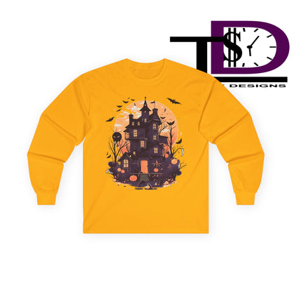 Halloween Haunted House Long Sleeve Tee - Spooky Vibes, Fall Fashion, Halloween Costume, Unisex Apparel, Gift for Ghost Lovers