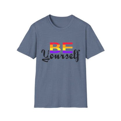 LGBTQ+ Pride Unisex T-Shirt, BE Yourself Quote Tee, Softstyle Graphic Shirt for Pride Month, Affirmation Apparel, Inclusive Fashion