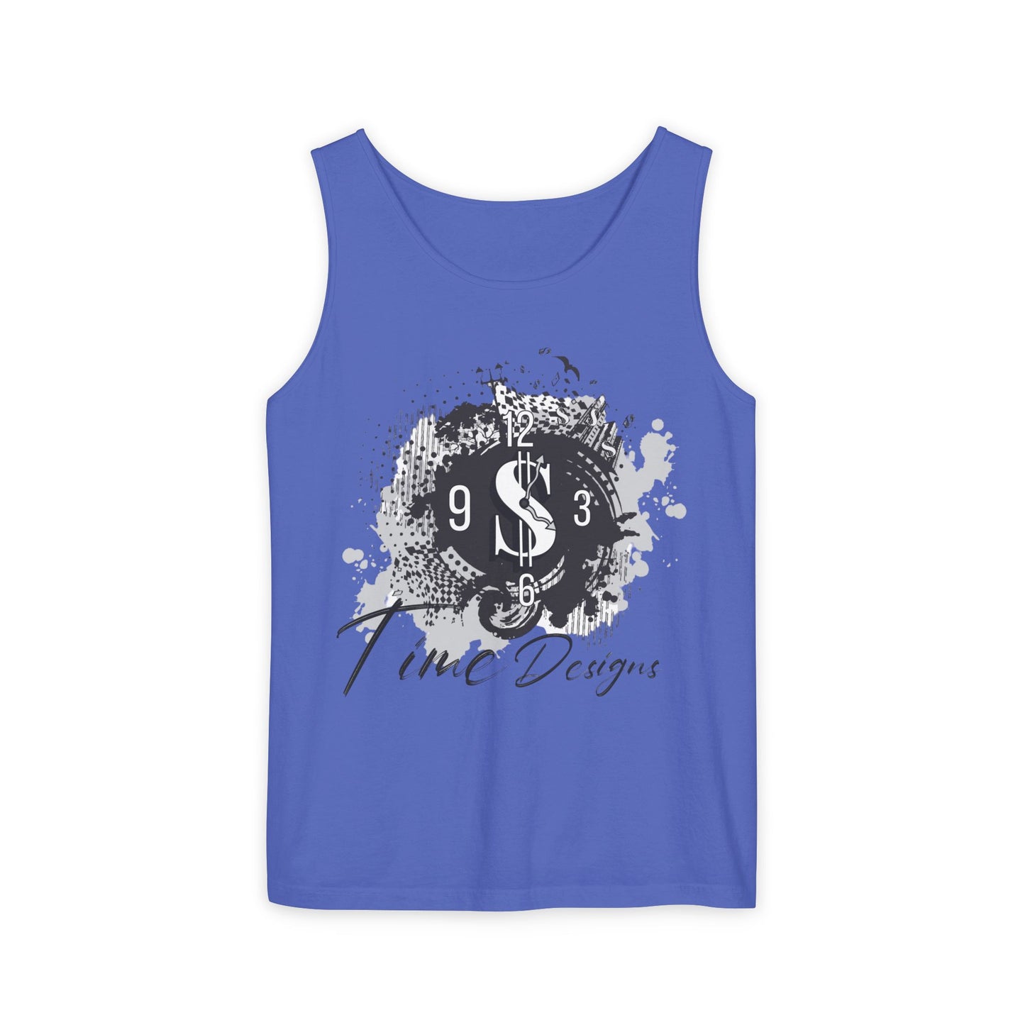 Unisex Garment-Dyed Tank Top with Time Designs - Casual Summer Wear, Beach Outfit, Gift for Friends, Vacation Essentials, Relaxed Style