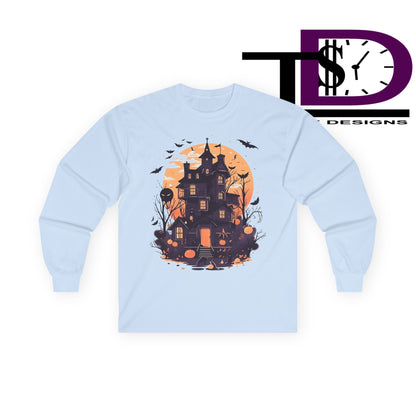 Halloween Haunted House Long Sleeve Tee - Spooky Vibes, Fall Fashion, Halloween Costume, Unisex Apparel, Gift for Ghost Lovers