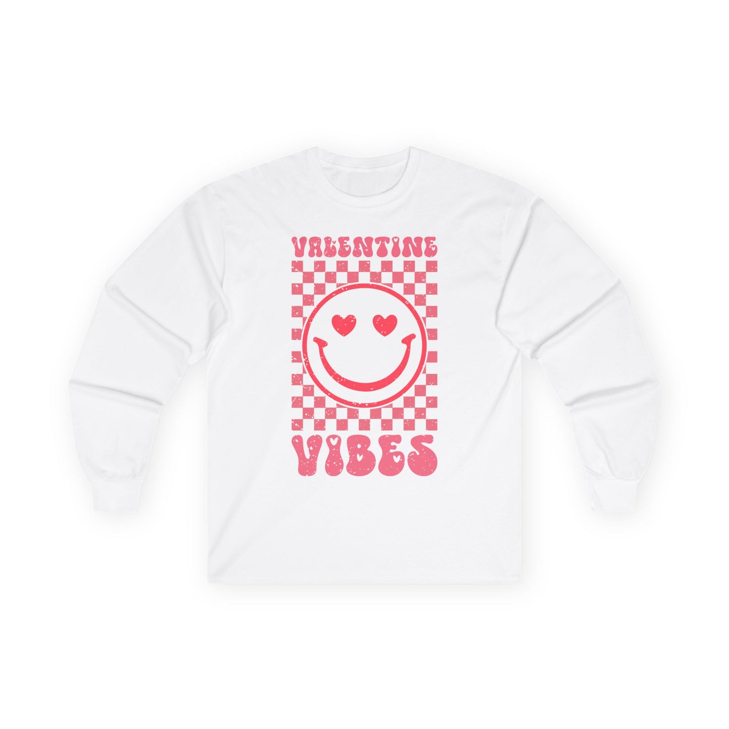 Valentine Vibes Long Sleeve Tee — Heart-Eyed Smiley Valentine Shirt