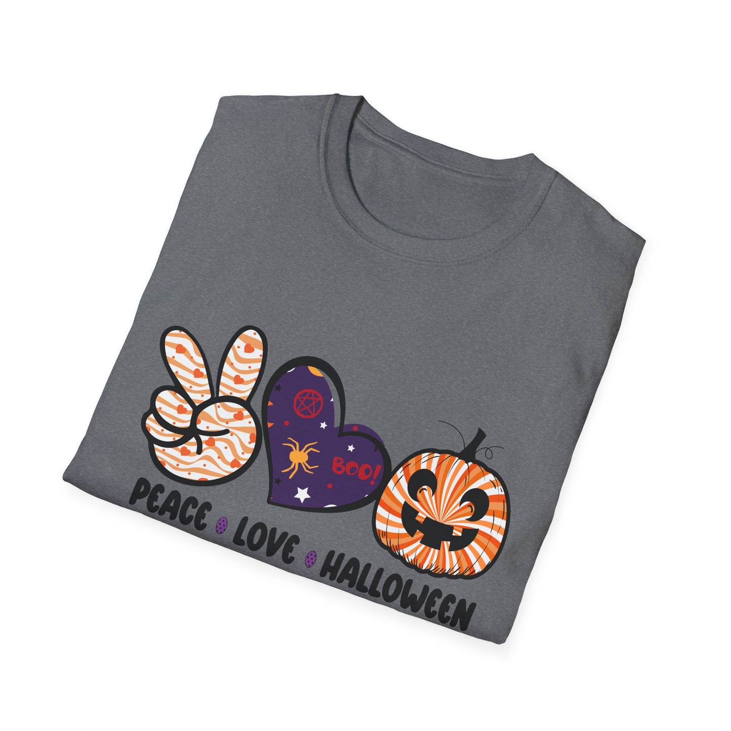 Halloween Peace Love T-Shirt, Unisex Graphic Tee for Fall Celebrations, Cozy Autumn Style, Perfect for Halloween Parties, Gifts