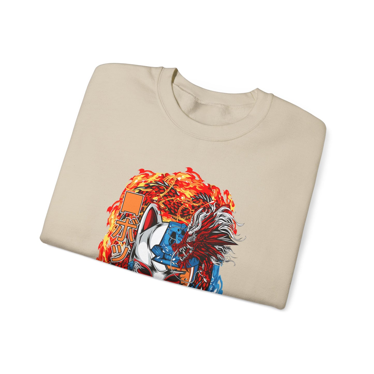 Kitsune Dragon Clash Crewneck Sweatshirt — Fiery Red & Blue Japanese Mask Design