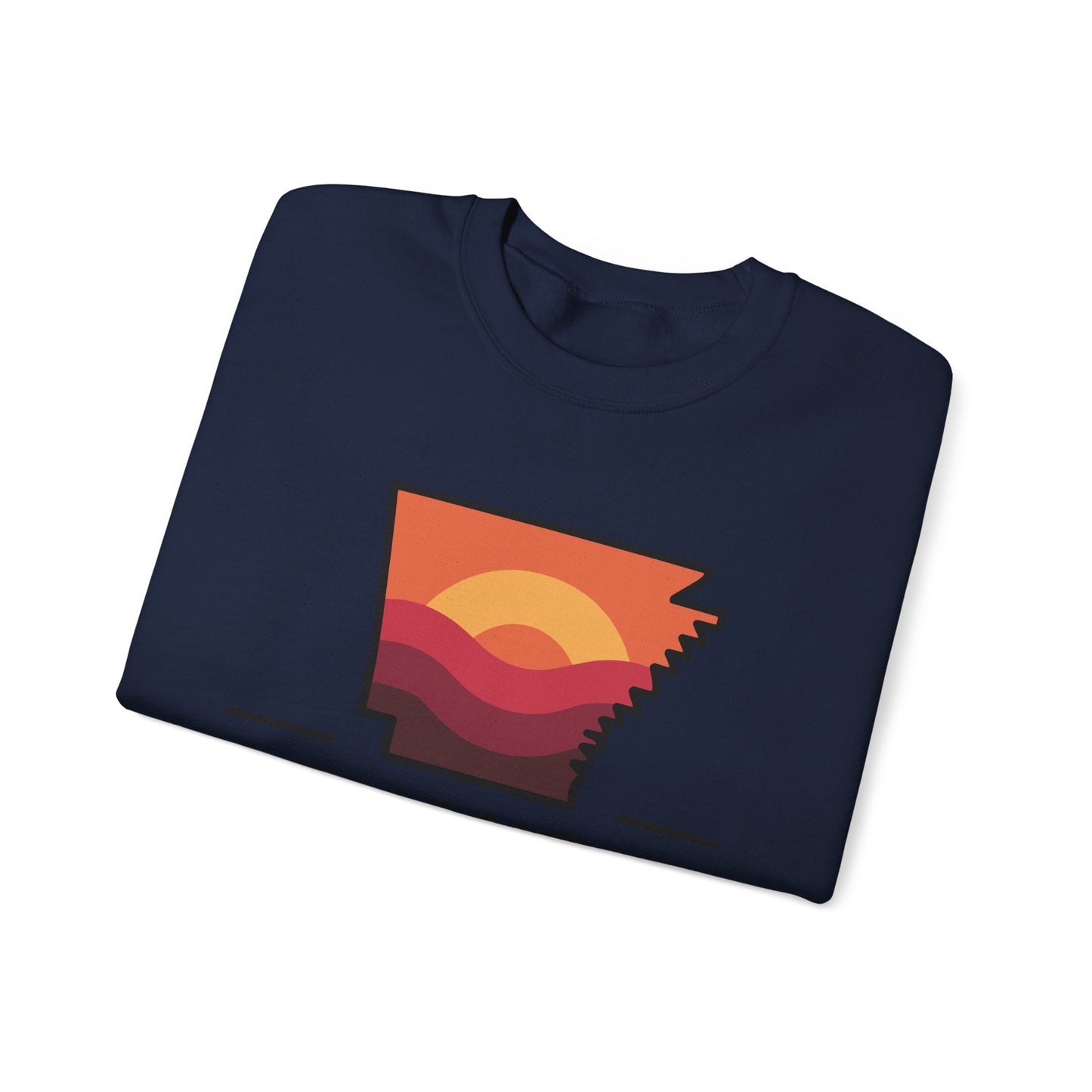 Arkansas Sunset Crewneck Sweatshirt — State Map Graphic, Est. 1836