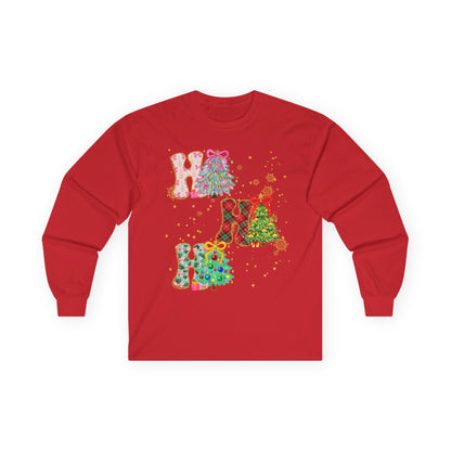Long Sleeve Tee — Festive 'HO HO HO' Floral Christmas Design