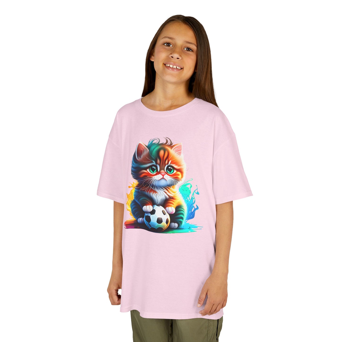 Playful Cat Soccer Kids Heavy Cotton™ Tee - Fun and Colorful T-Shirt for Young Animal Lovers