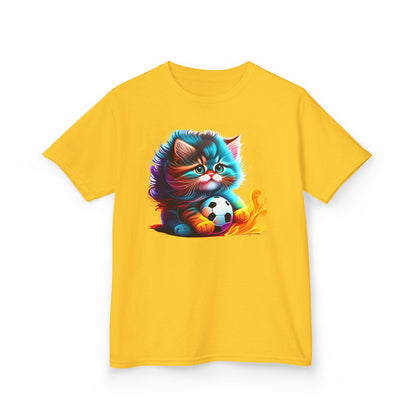 Cute Cat Soccer Kids Tee - Colorful Heavy Cotton Shirt for Young Sports Fans