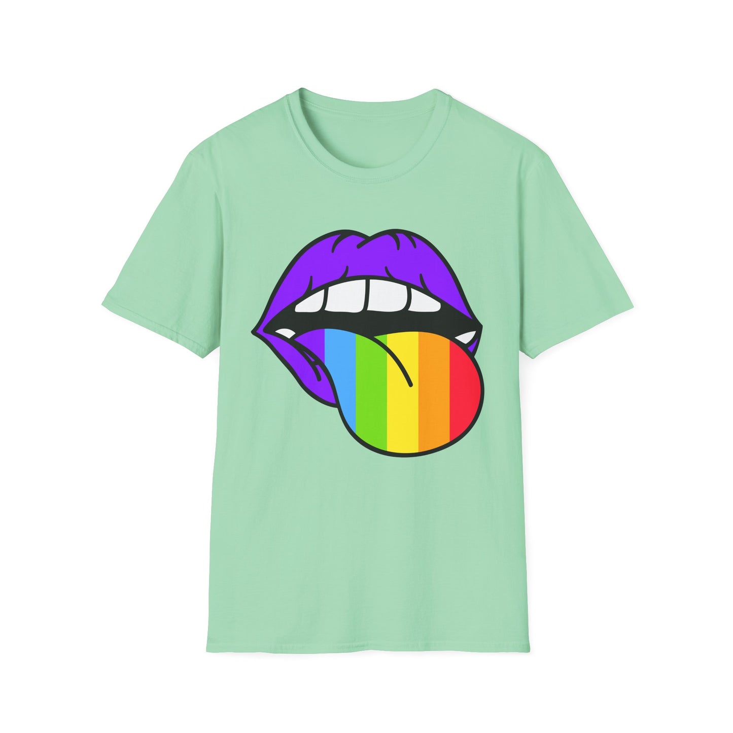Pride Graphic Tee, Rainbow Mouth Design T-Shirt, Unisex Softstyle Shirt, LGBTQ+ Apparel, Fun Casual Wear, Birthday Gift