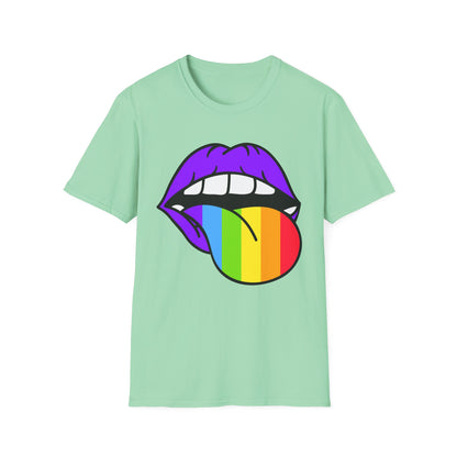 Pride Graphic Tee, Rainbow Mouth Design T-Shirt, Unisex Softstyle Shirt, LGBTQ+ Apparel, Fun Casual Wear, Birthday Gift