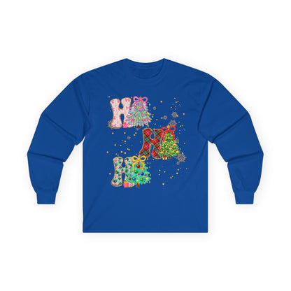 Long Sleeve Tee — Festive 'HO HO HO' Floral Christmas Design