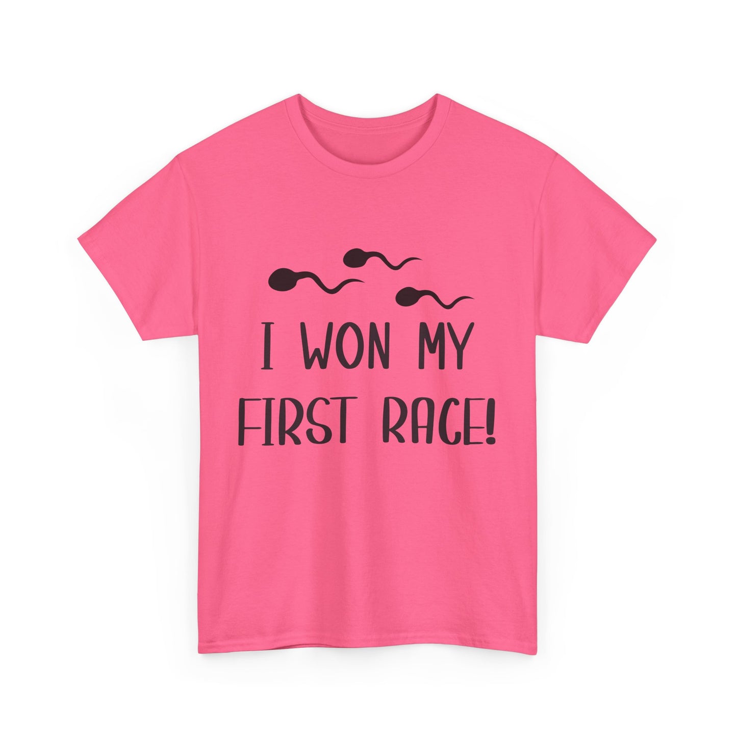 I Won My First Race! Unisex Heavy Cotton Tee - Fun Sperm Motif for New Dads and Celebrations