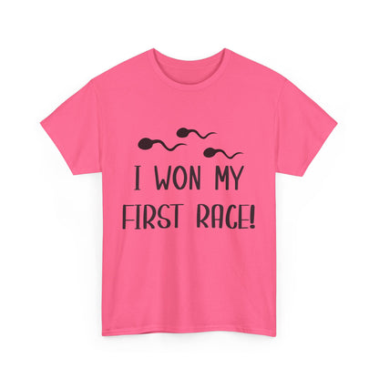 I Won My First Race! Unisex Heavy Cotton Tee - Fun Sperm Motif for New Dads and Celebrations