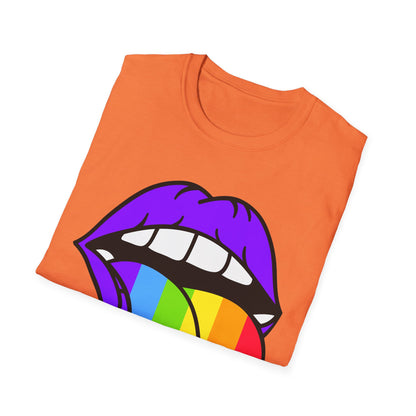 Pride Graphic Tee, Rainbow Mouth Design T-Shirt, Unisex Softstyle Shirt, LGBTQ+ Apparel, Fun Casual Wear, Birthday Gift