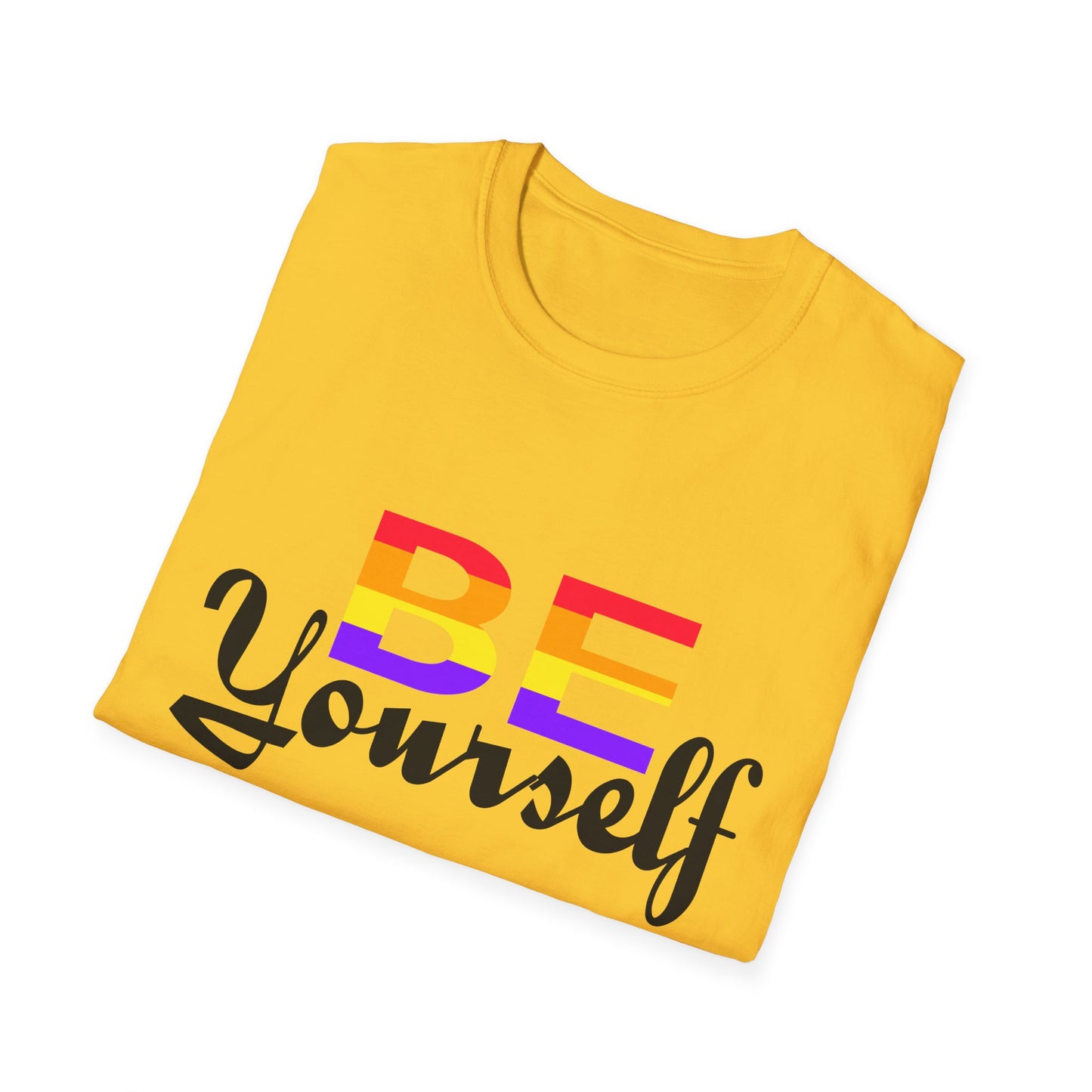 LGBTQ+ Pride Unisex T-Shirt, BE Yourself Quote Tee, Softstyle Graphic Shirt for Pride Month, Affirmation Apparel, Inclusive Fashion