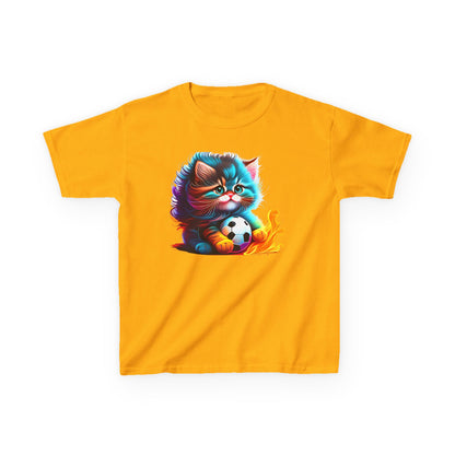Cute Cat Soccer Kids Tee - Colorful Heavy Cotton Shirt for Young Sports Fans