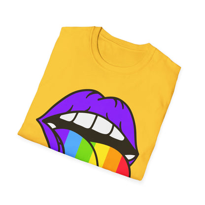 Pride Graphic Tee, Rainbow Mouth Design T-Shirt, Unisex Softstyle Shirt, LGBTQ+ Apparel, Fun Casual Wear, Birthday Gift