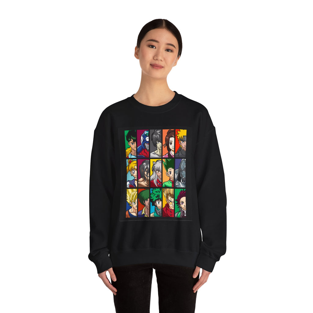 Anime Character Grid Sweatshirt — Collage Crewneck for Fans