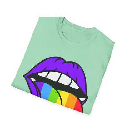 Pride Graphic Tee, Rainbow Mouth Design T-Shirt, Unisex Softstyle Shirt, LGBTQ+ Apparel, Fun Casual Wear, Birthday Gift