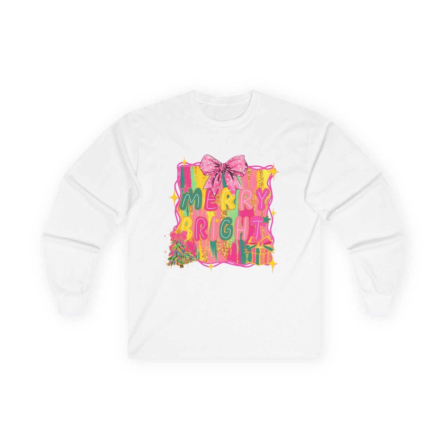 Merry Bright Long Sleeve Tee — Colorful Holiday Graphic Shirt