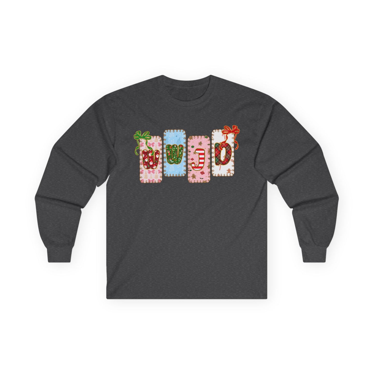Long Sleeve Tee — Festive Gift Tag Graphic (Holidays, Christmas)