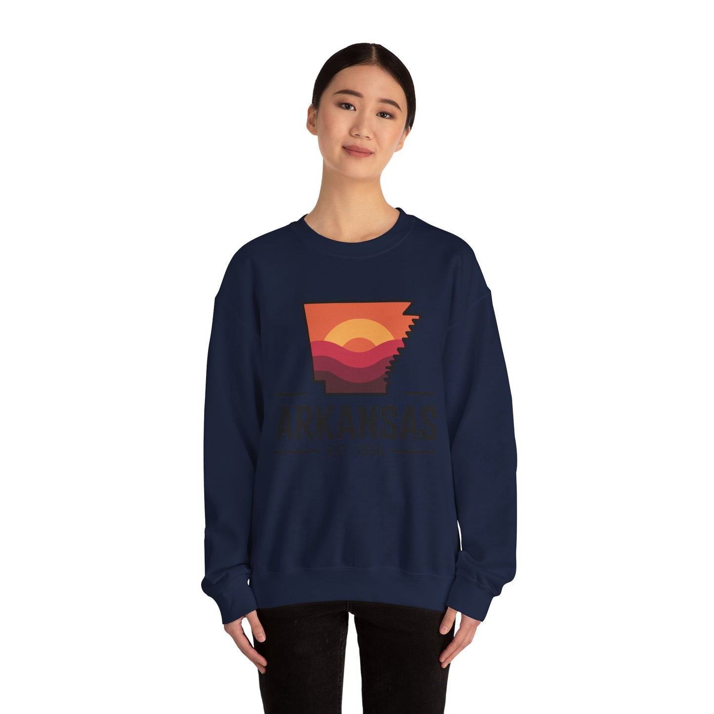 Arkansas Sunset Crewneck Sweatshirt — State Map Graphic, Est. 1836