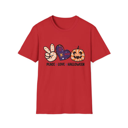 Halloween Peace Love T-Shirt, Unisex Graphic Tee for Fall Celebrations, Cozy Autumn Style, Perfect for Halloween Parties, Gifts