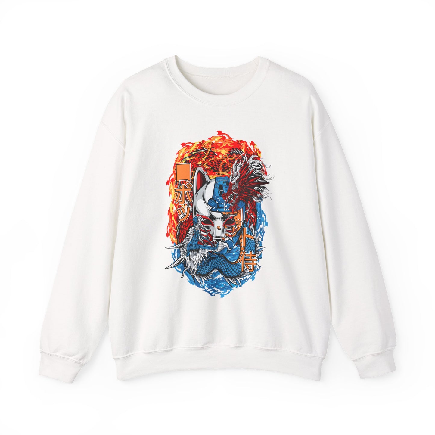 Kitsune Dragon Clash Crewneck Sweatshirt — Fiery Red & Blue Japanese Mask Design
