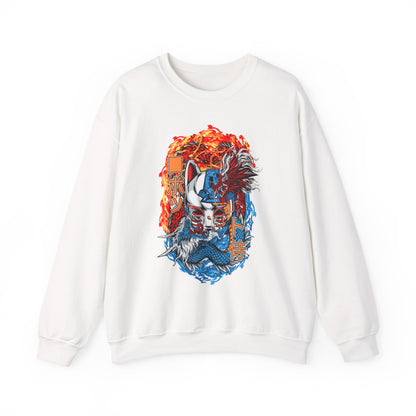 Kitsune Dragon Clash Crewneck Sweatshirt — Fiery Red & Blue Japanese Mask Design