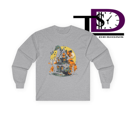 Halloween Haunted House Long Sleeve Tee, Unisex Shirt, Spooky Shirt, Fall Fashion, Ghosts and Ghouls Apparel, Gift for Halloween
